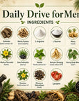 Herbal supplement bottle labeled Daily Drive for Men by Grandma's Herbs, featuring natural ingredients and herbal product packaging.