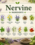 Herbal Nervine supplement from Grandma's Herbs, displaying natural ingredients in a glass jar with dried herbs and botanical elements.