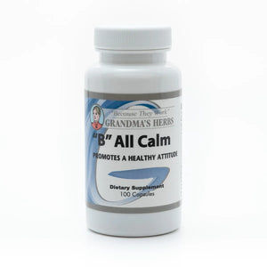 A jar of Grandma's Herbs B All Calm herbal supplement with label showing herbal ingredients and calming benefits.