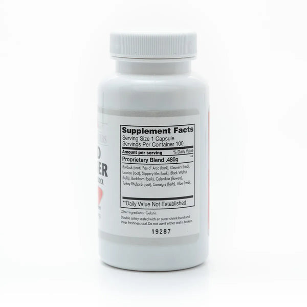Herbal Blood Cleanser Phase IV by Grandma's Herbs showing natural ingredients in a glass bowl and herbal extracts.