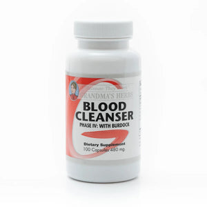 Herbal Blood Cleanser Phase IV by Grandma's Herbs, showing the product bottle with herbal ingredients in the background.