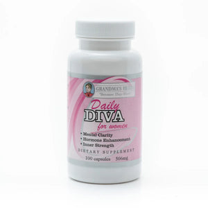 Herbal product packaging for Daily Diva for Women by Grandma's Herbs, featuring natural herbal supplement bottles and labels.
