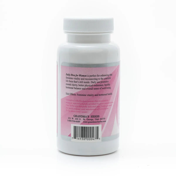 Herbal Daily Diva supplement for women by Grandma's Herbs, showing natural ingredients in a clean, herbal product packaging.