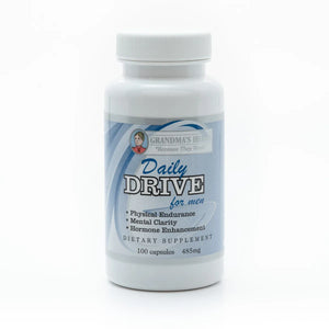 Herbal Daily Drive supplement for men by Grandma's Herbs, showing the product bottle with herbal ingredients around it.