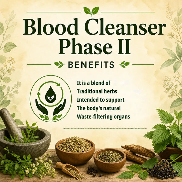 Herbal blood cleanser from Grandma's Herbs, Blood Cleanser Phase II, featuring natural ingredients in a herbal supplement.