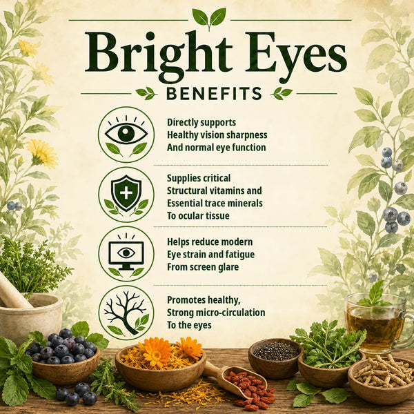 Herbal Bright Eyes supplement from Grandma's Herbs, featuring natural ingredients to support eye health and improve vision.