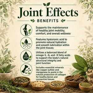 Herbal Joint Effects supplement by Grandma's Herbs, showing a bottle of herbal joint support capsules on a wooden surface.