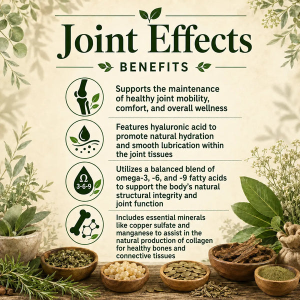 Herbal Joint Effects supplement by Grandma's Herbs, showing a bottle of herbal joint support capsules on a wooden surface.