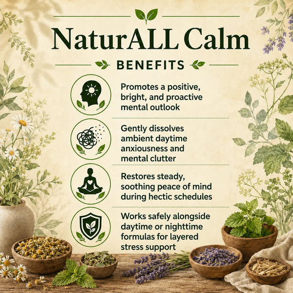 Herbal product bottle labeled NaturALL Calm by Grandma's Herbs, featuring natural ingredients for relaxation and stress relief.