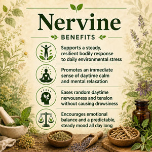 Herbal Nervine supplement by Grandma's Herbs showing a bottle with herbal ingredients and calming herbal tea.