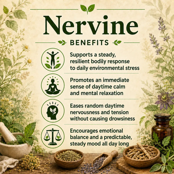 Herbal Nervine supplement by Grandma's Herbs showing a bottle with herbal ingredients and calming herbal tea.