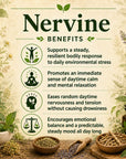 Herbal Nervine supplement by Grandma's Herbs showing a bottle with herbal ingredients and calming herbal tea.