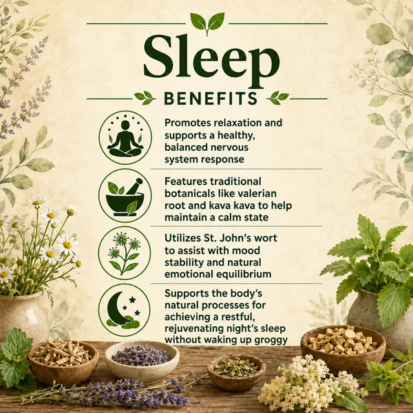 Herbal sleep aid from Grandma's Herbs with dried herbs and packaging, promoting restful sleep naturally.