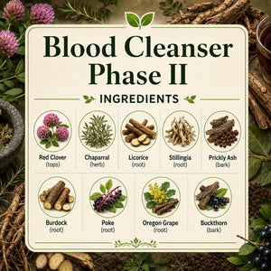 Herbal Blood Cleanser Phase II by Grandma's Herbs showing natural herbal ingredients for detox and blood purification.
