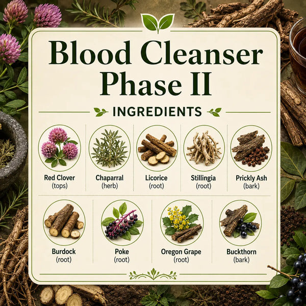 Herbal Blood Cleanser Phase II by Grandma's Herbs showing natural herbal ingredients for detox and blood purification.