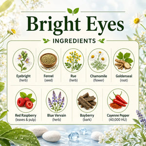 Herbal Bright Eyes product from Grandma's Herbs, featuring natural ingredients for eye health and wellness.