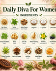 Herbal supplement packaging for Daily Diva for Women by Grandma's Herbs, featuring natural ingredients in a colorful box.