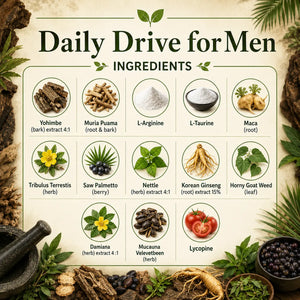 Herbal supplement bottle labeled Daily Drive for Men by Grandma's Herbs, featuring natural ingredients and herbal product packaging.
