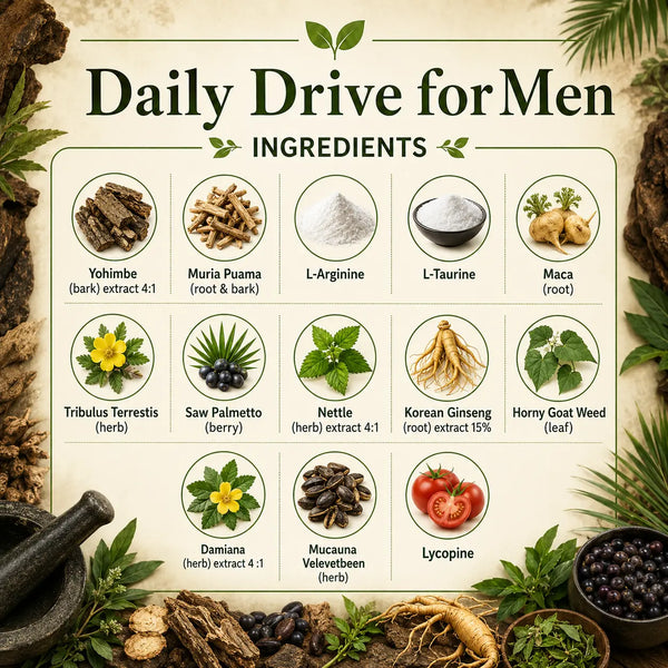 Herbal supplement bottle labeled Daily Drive for Men by Grandma's Herbs, featuring natural ingredients and herbal product packaging.