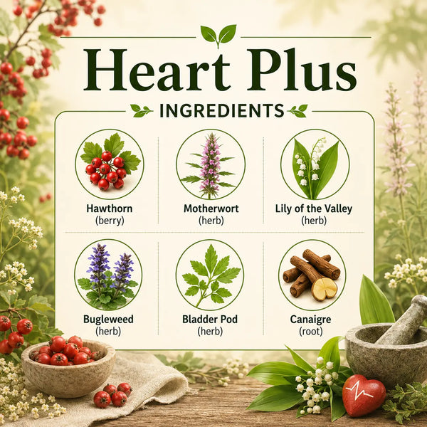 Herbal Heart Plus supplement by Grandma's Herbs showing natural ingredients in a clear container with fresh herbs and herbs leaves.