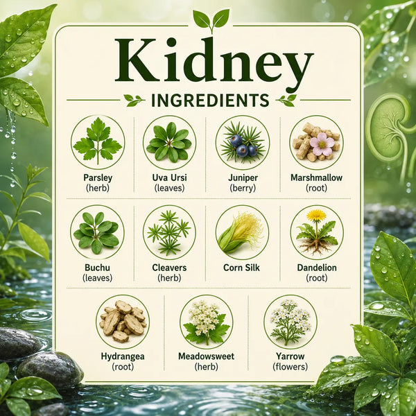 Herbal kidney supplement from Grandma's Herbs, featuring natural ingredients in a clear container with fresh herbs and labels.