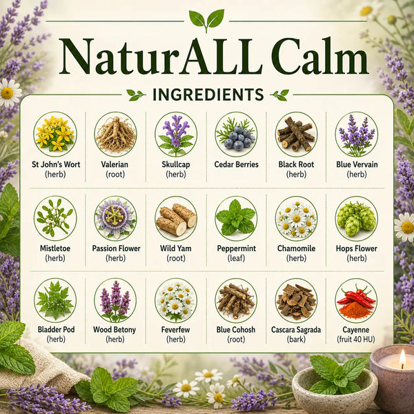 Herbal product jar labeled NaturALL Calm from Grandma's Herbs, featuring natural ingredients used for relaxation and calmness.
