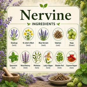 Herbal Nervine supplement from Grandma's Herbs, displaying natural ingredients in a glass jar with dried herbs and botanical elements.