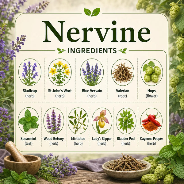 Herbal Nervine supplement from Grandma's Herbs, displaying natural ingredients in a glass jar with dried herbs and botanical elements.
