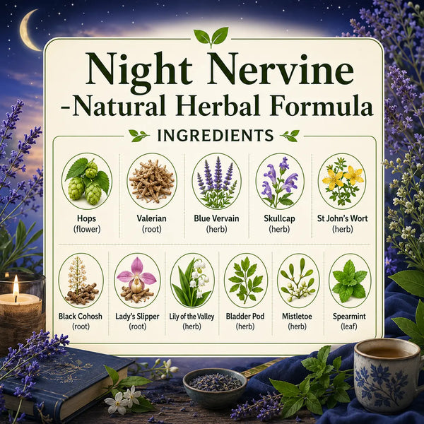 Herbal formula Night Nervine by Grandma's Herbs showing natural ingredients in a jar for calming and sleep support.