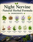 Herbal formula Night Nervine by Grandma's Herbs showing natural ingredients in a jar for calming and sleep support.