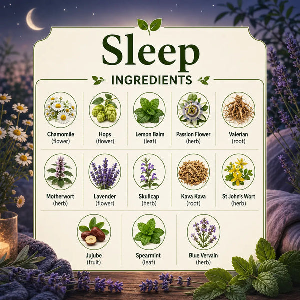 Herbal sleep aid product from Grandma's Herbs featuring natural ingredients in a glass jar with herbs and dried botanicals.
