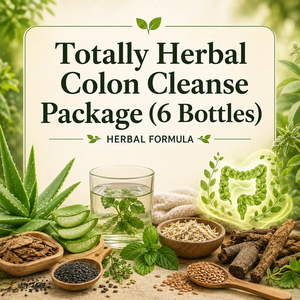 Six bottles of Grandma's Herbs Totally Herbal Colon Cleanse Package featuring natural herbal ingredients.