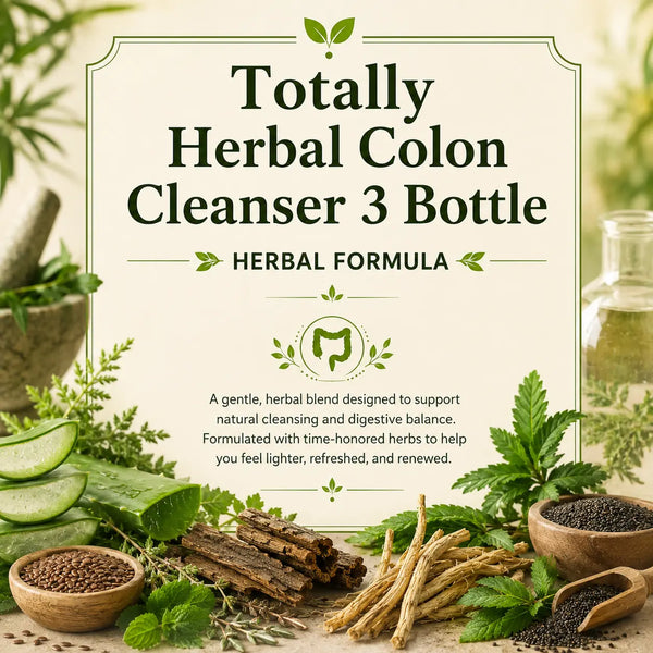 Three bottles of Grandma's Herbs Totally Herbal Colon Cleanser with herbal ingredients, displayed in a natural setting.