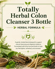 Three bottles of Grandma's Herbs Totally Herbal Colon Cleanser with herbal ingredients, displayed in a natural setting.