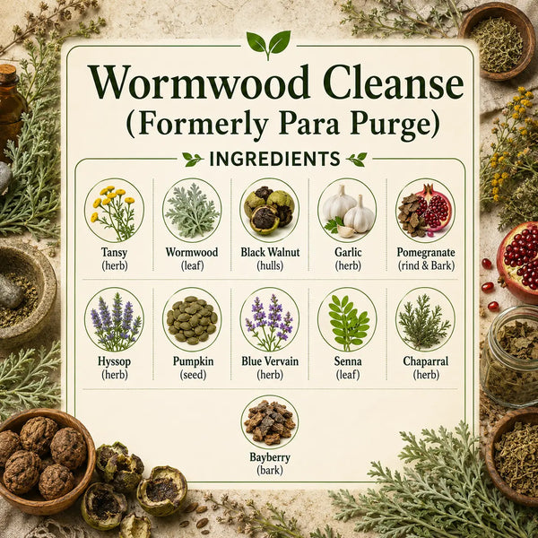 Herbal Wormwood Cleanse supplement by Grandma's Herbs, showing dried wormwood herbs in a jar on a wooden surface.