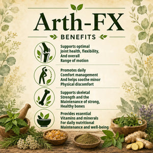 Herbal supplement bottle labeled Arth-FX by Grandma's Herbs, featuring natural ingredients for joint support and pain relief.
