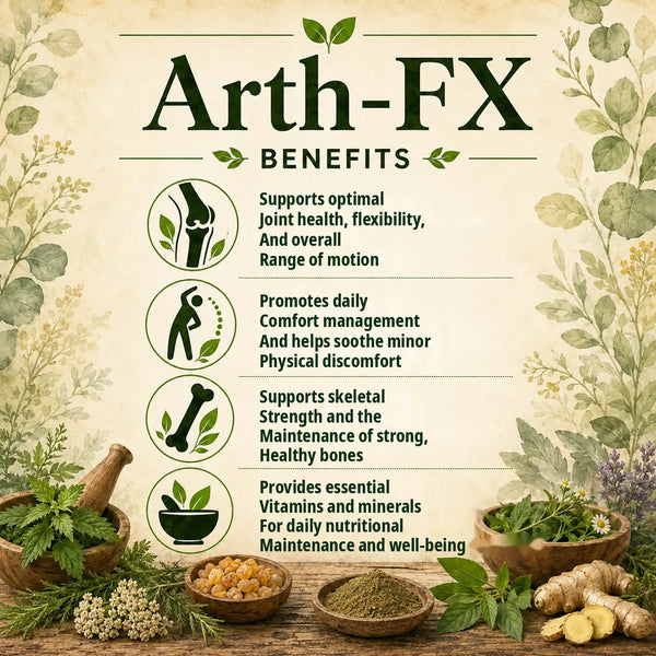 Herbal supplement bottle labeled Arth-FX by Grandma's Herbs, featuring natural ingredients for joint support and pain relief.
