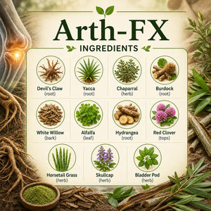 Herbal ingredients for Arth-FX supplement by Grandma's Herbs, featuring natural plant extracts for joint support.