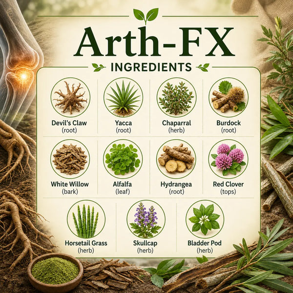 Herbal ingredients for Arth-FX supplement by Grandma's Herbs, featuring natural plant extracts for joint support.
