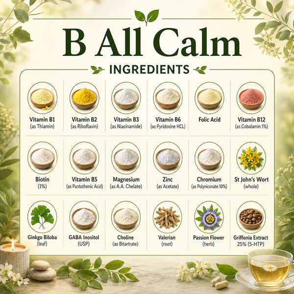 Herbal product image of Grandma's Herbs B All Calm, featuring natural ingredients in a calming herbal remedy package.