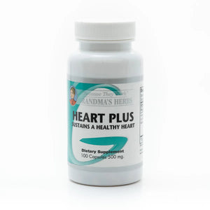Herbal Heart Plus supplement from Grandma's Herbs, featuring natural herbal ingredients in a clear container.