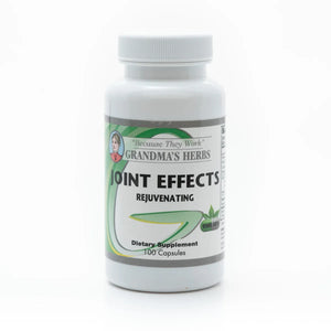 Herbal Joint Effects supplement by Grandma's Herbs showing a bottle and herbal ingredients on a wooden surface.