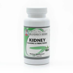 Herbal kidney supplement from Grandma's Herbs, featuring natural ingredients in a clear container with dried herbs.