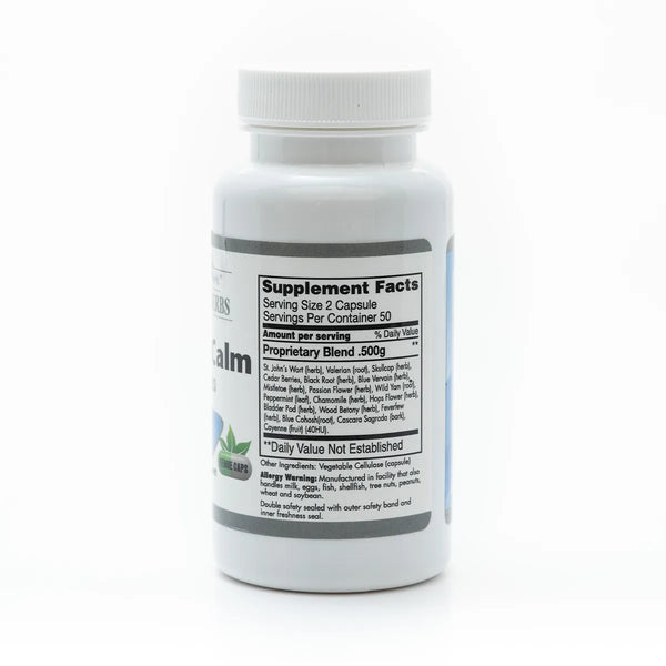 Herbal product bottle labeled NaturALL Calm by Grandma's Herbs, featuring natural ingredients for relaxation and stress relief.