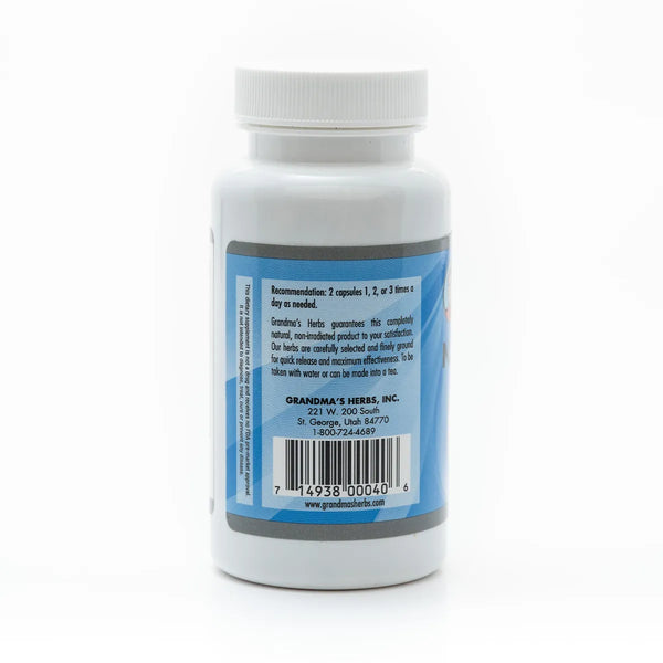 Herbal product bottle labeled NaturALL Calm from Grandma's Herbs, featuring natural ingredients and calming herbal supplement packaging.