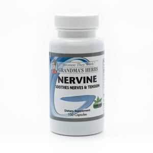 Bottle of Grandma's Herbs Nervine herbal supplement, featuring natural ingredients in a clear glass bottle with a label.