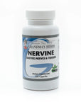 Bottle of Grandma's Herbs Nervine herbal supplement, featuring natural ingredients in a clear glass bottle with a label.