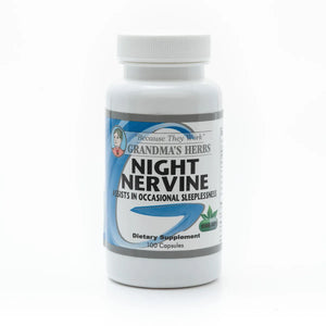 Night Nervine herbal formula by Grandma's Herbs, showing a bottle of natural herbal supplement for sleep support.
