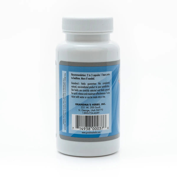 Herbal sleep aid from Grandma's Herbs featuring natural ingredients in a clear glass jar with herbal leaves and sleep-enhancing herbs.