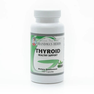 Herbal thyroid supplement from Grandma's Herbs, featuring natural ingredients in a clear container with herbal labels.